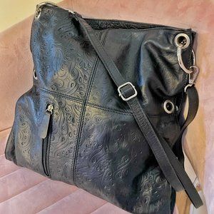 Florentine Black Leather Etched Foldover 3-Way Purse